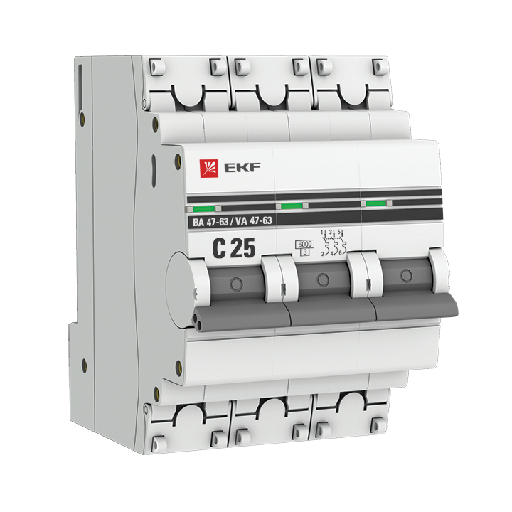 Автоматический выключатель 3P 25А (C) 6кА ВА 47-63 EKF PROxima