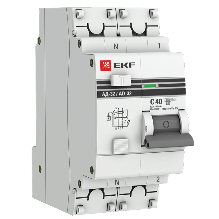 Дифференциальный автомат АД-32 1P+N 40А/100мА (хар. C, AC, электронный, защита 270В) 4,5кА EKF PROxima